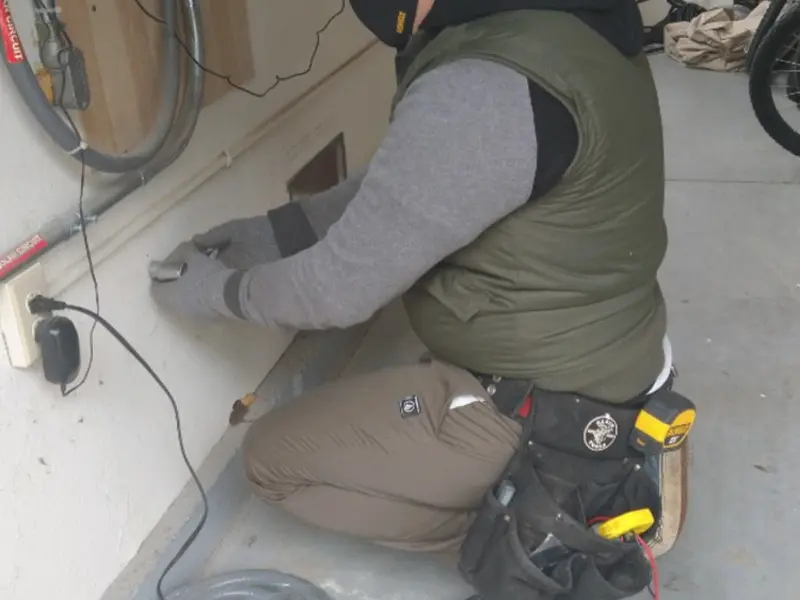 Electrician performing outlet wiring in a Rincon garage